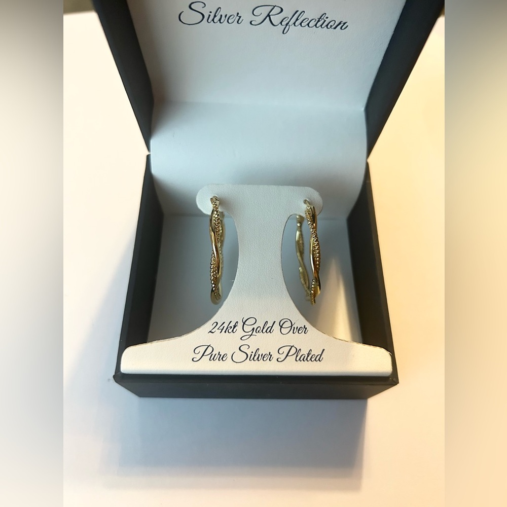 Elegant 24KT Gold Over Pure Silver Plated Hoop Earrings NWT